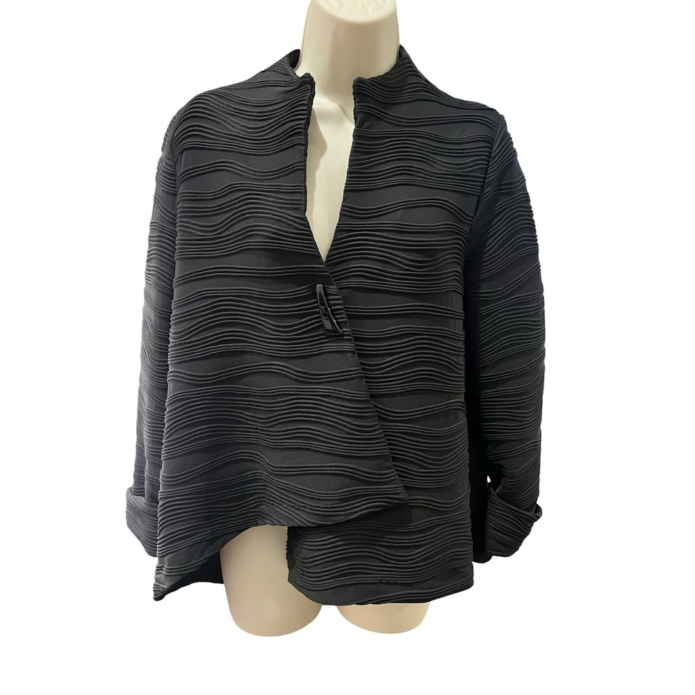 IC Collection By Connie K Artsy Asymmetrical Black Jacket Ribbed Wavy Sz S